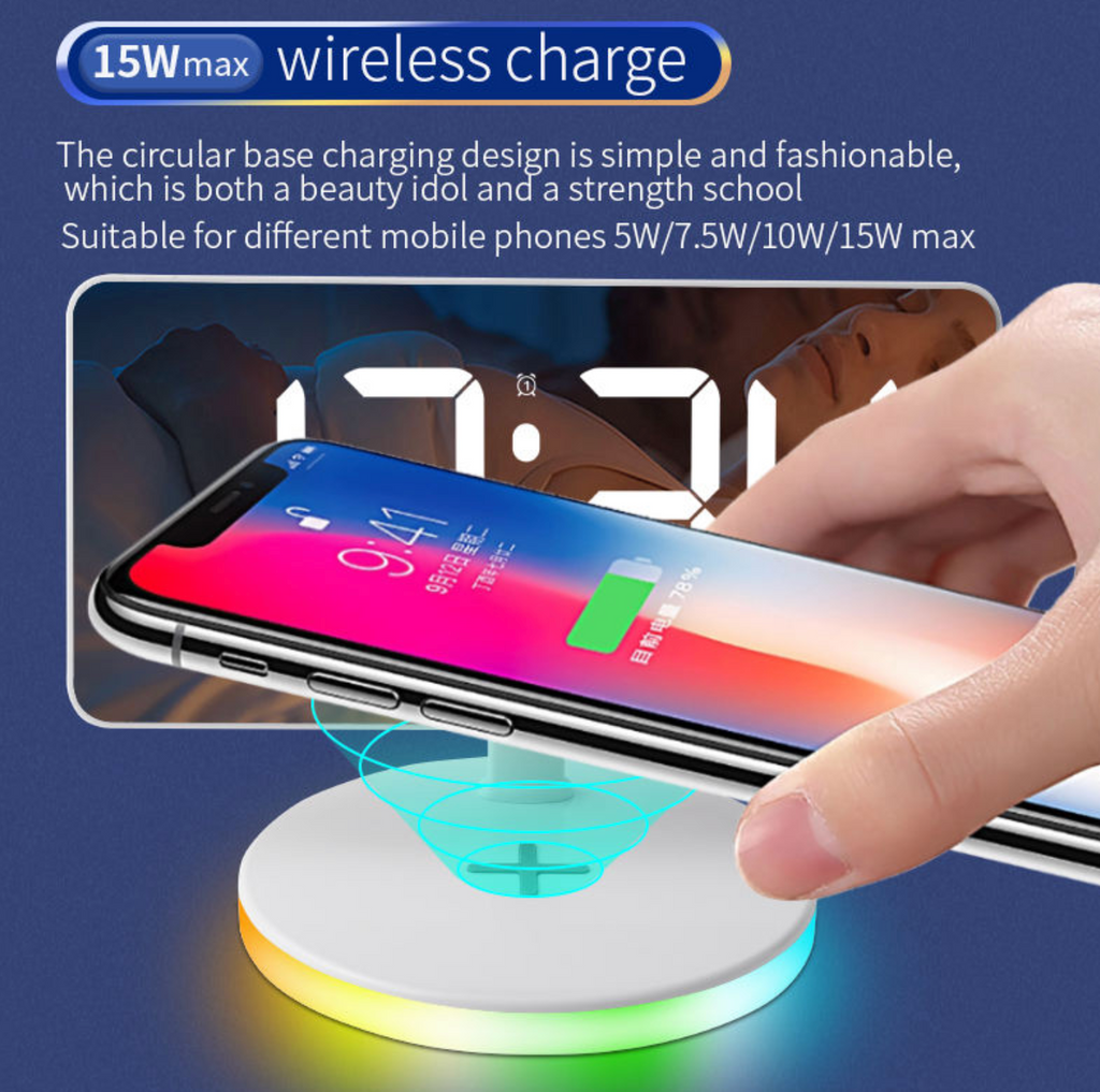 15W Wireless Charging Alarm Clock & Phone Stand
